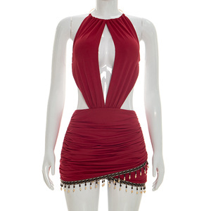 Vestido Halter con Aberturas y Fruncido, con Borlas de Cuentas en el Bajo, Personalizado, Bajo MOQ, Venta al por Mayor, Teñido Liso, Transpirable, Antiestático, Sehe Fashion - Product Image 3