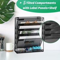 Organisateur de fichiers de bureau à 5 niveaux en maille, support mural vertical pour dossiers avec plateau inférieur, noir/argent, durable