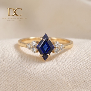 Nouvelle bague de luxe en or jaune massif 14 carats avec diamant de laboratoire et saphir bleu royal, bijoux de mariage pour femmes - Product Image 1