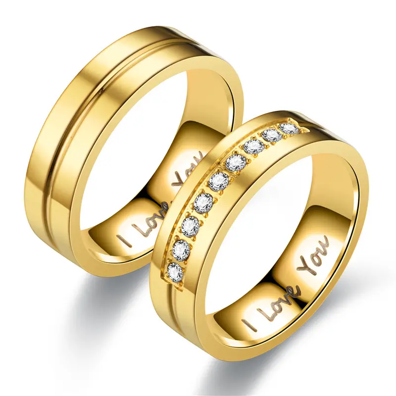 I Love You Alur Cincin Berlian Huruf, Perhiasan Cincin Pertunangan untuk Wanita Set Cincin Pernikahan Emas Baja Tahan Karat