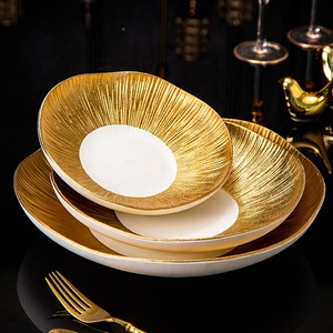 Plato Hondo <span class=keywords><strong>de</strong></span> Porcelana con Detalles en Oro <span class=keywords><strong>de</strong></span> Lujo, 8-12 Pulgadas, Apto para Lavavajillas, para Frutas/Postres, para Hotel/Restaurante - Product Image 1