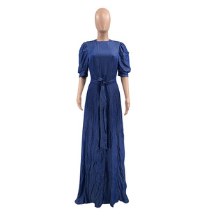 Vestido Maxi Casual de Lino y Mezclilla con Cuello Redondo y Manga Abullonada de Color Liso para Mujer - Novedad al por Mayor - Product Image 4