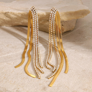 Elegant Tassel Drop Earrings Gold Rhinestone Channel Setting Party Jewelry <b>Titanium</b> Steel <b>Studs</b> Long Fringe Fashion Earrings - Product Image 3