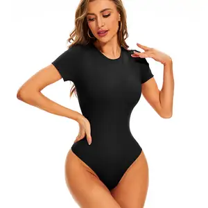 Großhandel Rundhalsausschnitt Kurzarm Basic-Einteiler Körperanzug Mode schwarz solide T-Shirts Formkleidung Körperanzug Oberteil für Damen
