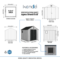 Cobertizo Resistente Kenda Apex de 8x8 pies, Paneles de PP de Doble Pared Estructurales de 15 mm, Resistentes a la Decoloración UV 2500H+, Vida Útil de Más de 10 Años