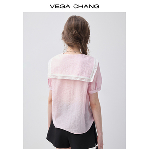 Chemisier rose clair décontracté VEGA CHANG avec col marin et manches bouffantes en tissu texturé – Vente en gros - Product Image 6