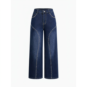 Jean en denim taille haute pour homme, coupe ample, décontracté, avec rivets décoratifs, braguette boutonnée, couleur unie, tissé, grandes tailles - Product Image 1