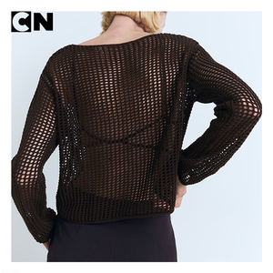 Suéter con Certificación GRS, Fabricante de Suéteres, Logotipo Personalizado, Mujer, 100% Algodón, Cuello Redondo, Manga Larga, Calado, Tejido de Ganchillo - Product Image 2