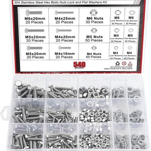 304 Stainless Steel Hex Bolts Nuts Lock and Flat Washers Kit M4 M5 M6 540pcs DIN933 Class 8.8 Passivated Standard - Product Image 1