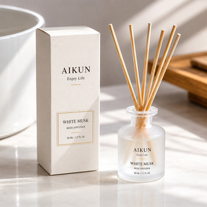 Aikun White Musk 50 Ml Frosted Glass Reed <b>Diffuser</b> Set With Rattan Sticks Retail Gift Box For Bathroom Hotel Home Fragrance - Product Image 1