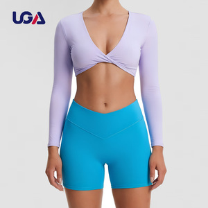 Hot Sexy Deep V- Neck Casual Activewear Twist Front Workout Shirt Pilates Yoga Women's Long Sleeve Active Crop Top