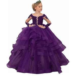 Abiti da ragazza di fiori all'uncinetto in pizzo di poliestere per matrimoni o collo di raso lungo pavimento 3D Appliques stile Preppy abito da ballo per <span class=keywords><strong>bambini</strong></span> - Product Image 1