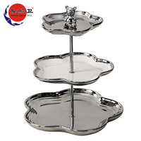 Nouveau Design de décor de fête, support à Dessert, ensemble de plateaux d'affichage pour cupcakes, ours mignon en acier inoxydable, ensemble d'assiettes à Dessert argentées à 3 niveaux