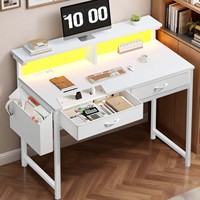 Bureau d'ordinateur moderne en bois extensible pour la maison, avec structure en acier, huche surélevée, LED intégrées, double tiroir et gestion des câbles dissimulée