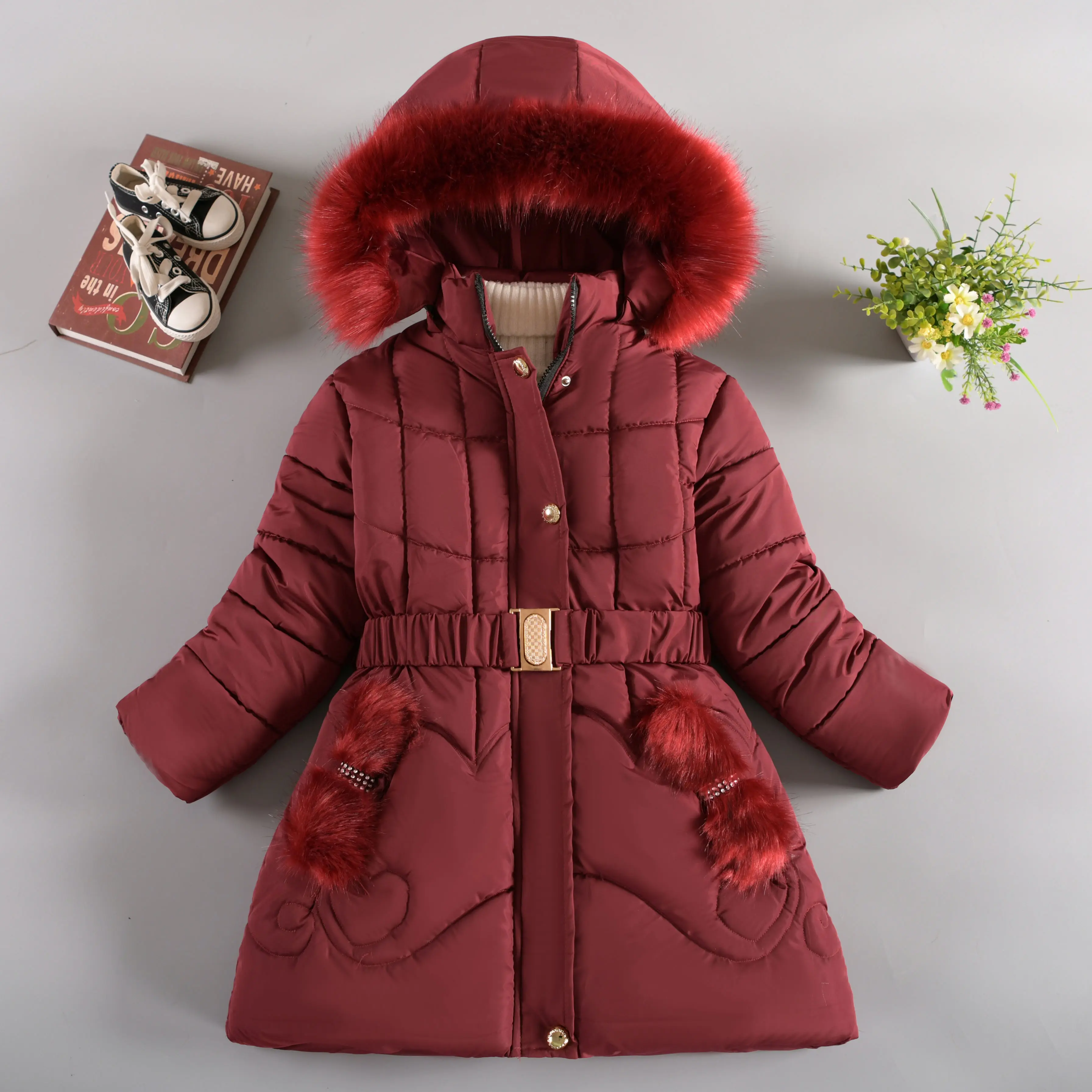 Kids Clothes Wholesale Windproof Detachable Fur Hood girls Winter Coat kids down jacket Cotton-padded Clothes