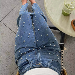 Nuovi Jeans da Donna in Denim con Doppia Vita e Perle, <span class=keywords><strong>Pantaloni</strong></span> a Gamba Larga, <span class=keywords><strong>Pantaloni</strong></span> Dritti e Larghi in Puro Cotone, Jeans Slim da Donna - Product Image 2