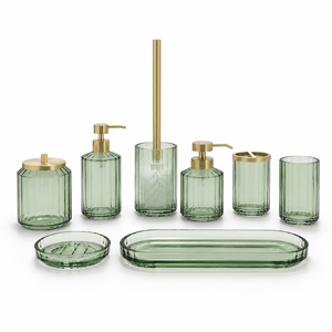 Ensemble de salle de bain en verre cannelé vert, best-seller, avec accents dorés, 8 pièces : distributeur de lotion, gobelet, porte-brosse WC - Product Image 1