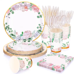Ensemble d'assiettes et <span class=keywords><strong>de</strong></span> serviettes en papier jetables au design floral-<span class=keywords><strong>Vaisselle</strong></span> <span class=keywords><strong>de</strong></span> fête <span class=keywords><strong>de</strong></span> mariage/anniversaire écologique, Logo personnalisé en gros en vrac - Product Image 1