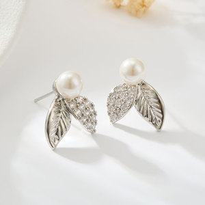 Double Leaf Pearl Stud <b>Earrings</b> With Micro Pave Zircon 925 Silver <b>Posts</b> For Everyday Wear - Product Image 1