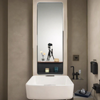 Rectangular Framed LED Full-Length Mirror Self Adhesive Wall Mount Standing Mirror with Bottom Storage Compartment for Bedroom