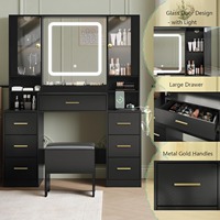 Ventes Flash Usine Meubles Coiffeuses Modernes en Bois Noir avec Grand Miroir Éclairé, 7 Tiroirs, Multiprise et Éclairage Réglable