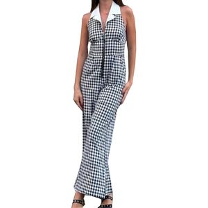 Sexy Backless Hollowed Out Loose Waist Shirt Collar Zipper Plaid Models Wide Legged <b>Pants</b> Women's Jumpsuit Fashion - Product Image 1