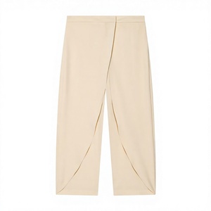 Pantalon asymétrique taille haute en crêpe, longueur mollet, couleur unie, style minimaliste, taille élastique, devant plat, pour femme, collection printemps - Product Image 4