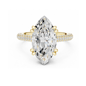 Anillo de compromiso con corte marquesa en oro amarillo, banda de diamantes pavé de varias filas, doble halo oculto, elegante joya nupcial. - Product Image 1