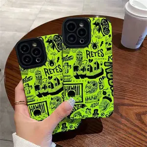 Trendy Nordic Style Fluorescent Green English Graffiti Full Cover Lens Anti Drop Back Cover Phone Case for iphone 14 pro max 13