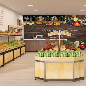 Exhibición de tienda de supermercado de verduras y frutas de madera fresca estante de soporte de frutas y verduras estante de góndola