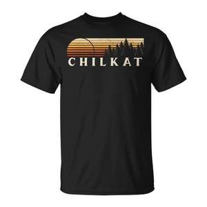 T-shirt rétro Chilkat AK style années 80, motif coucher de soleil Evergreen, idéal pour les promotions sur le thème du rétro - Product Image 1