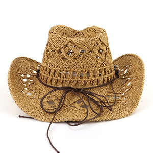 Sombrero de paja de <span class=keywords><strong>vaquero</strong></span> occidental con flores tejidas a mano sombrero de paja de papel Fedora de Jazz tejido a mano - Product Image 6
