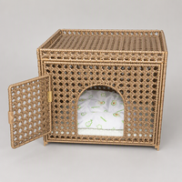 Villa pour chat tressée à la main YAOYUE avec entrée arquée, coussin amovible imprimé avocat, rotin PE kaki et acier carbone 52,5x47x49cm