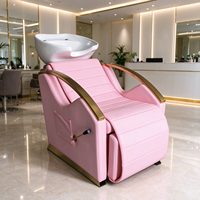 Ensemble de chaises de salon roses, chaise de coiffeur avec bac à shampooing, cadre doré, mobilier de salon en cuir PU rose