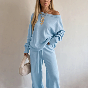 Ensemble tricoté personnalisé pour femme, pull à épaules dénudées à manches longues et pantalon large à cordon de serrage, doux et décontracté, deux pièces pour l'hiver - Product Image 3