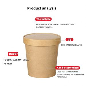 8oz 12oz 16oz 26oz 32oz Kraft Paper or White Cardboard Paper Soup <b>Cup</b> Bowl Container for Hot or Cold Food with Good Seal Lid - Product Image 3
