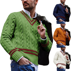 Pull en tricot torsadé à col en V pour homme, mode automne-hiver, tricot rayé à blocs de couleur, vêtements décontractés pour jeunes, MLXLXXL - Product Image 1