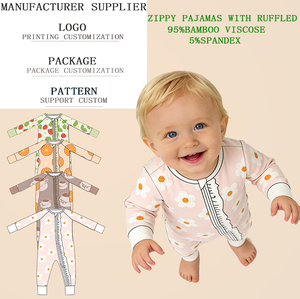 ชุดนอนซิปปี้พร้อมจั๊มสูทเด็กผ้าไผ่ลายระบาย ผู้ผลิตขายส่งแบบ RTS ชุดนอนเด็กแรกเกิดลายพิมพ์ชิ้นเดียว - Product Image 1