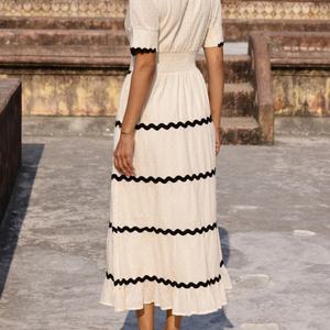 Vestido de Lino y Algodón Personalizable, Elegante, Cuello en V, Casual, Corte en A, Manga Corta, Midi, para Mujer, Verano - Product Image 5