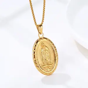 Kalung Blessed Virgin Mary Rantai Berlapis Emas 18K Wanita Pria Liontin Medali Ajaib Agama Katolik Kristen