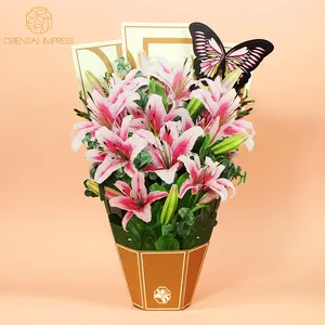 Cartes de lys pop-up en papier grand format Bouquet de fleurs pour toujours avec carte papillon et enveloppe