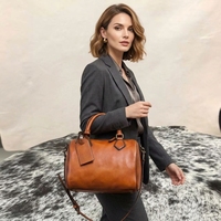 Bolso Boston de Cuero Genuino Vintage, Resistente al Agua, para Mujer, con Asa Superior, Correa de Hombro Ajustable, Color Cognac