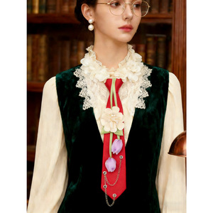 Corbata decorada con flores de tulipán para mujer, accesorio de uniforme JK, corbata sin nudos con cadena y perlas - Product Image 3