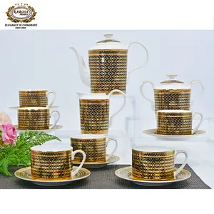 17pcs Karosa black western style tea cup sets embossed gold luxury fine bone china coffe set for wedding and new year
