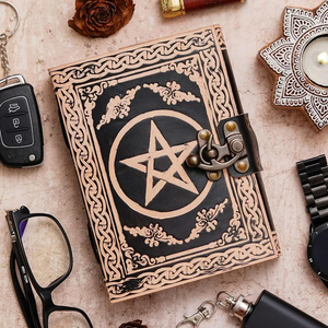 Handcrafted Pentacle Leather Journal Witchcraft Grimoire <b>Book</b> with Lock, Vintage Embossed Diary Notebook - Product Image 2