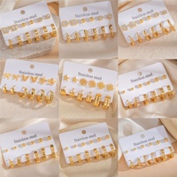 Set Anting Stud Minimalis Berlapis Elektroplating Baja Anti Karat Motif Kupu-kupu Bunga Bintang Enam Pasang untuk Wanita