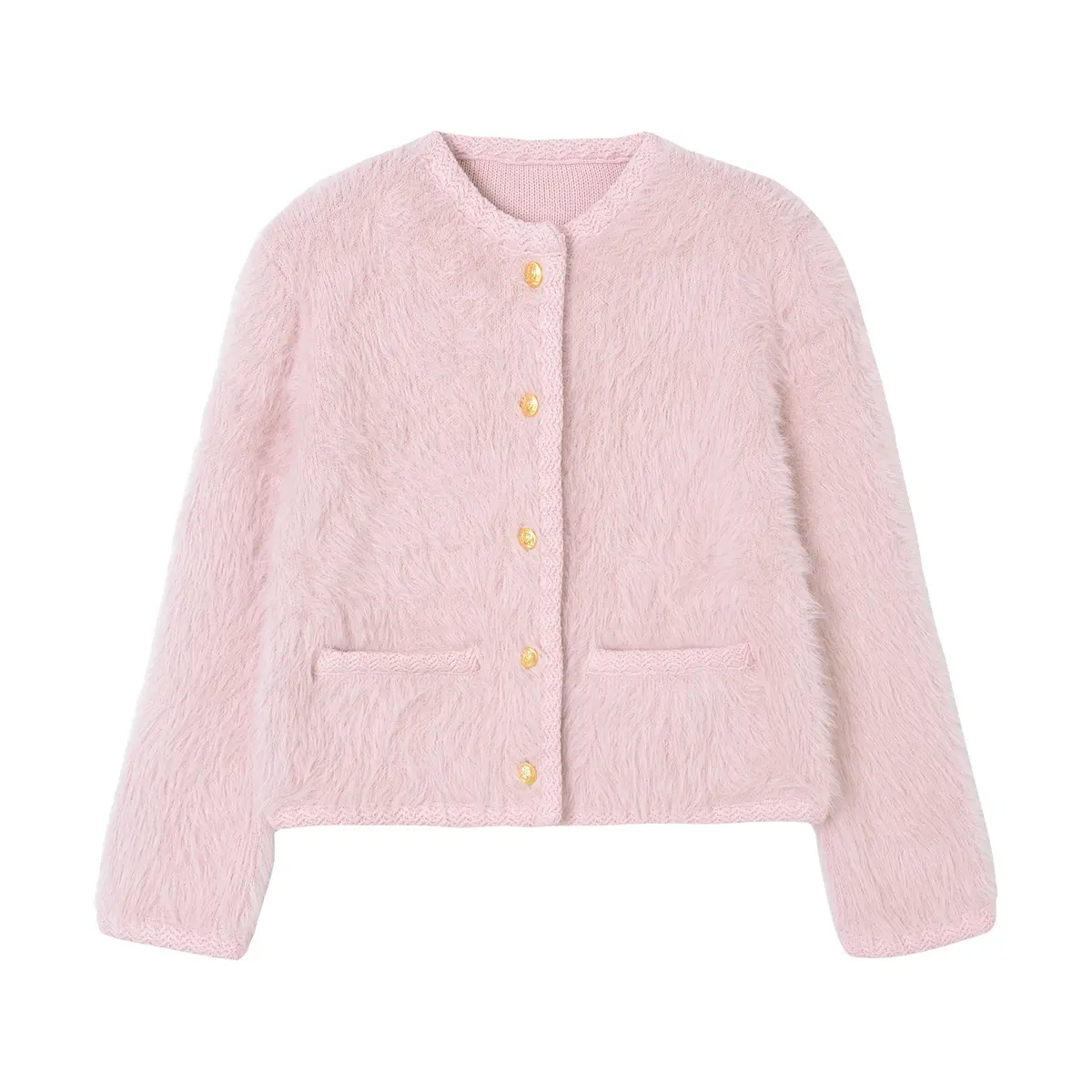 2023 Wholesale Vintage Pink Mohair Knit Wool Women Knitted Cardigan Lazy Long Sleeve Solid Short Girls Mohair Sweater Cardigan