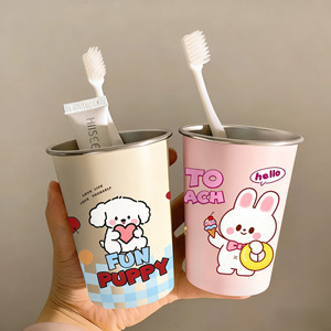 Gobelet à bain de bouche en acier inoxydable, design de dessin animé, large ouverture pour enfants et couples, porte-brosse à dents - Product Image 2