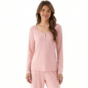 <span class=keywords><strong>Pigiama</strong></span> Lungo Traspirante Personalizzato per Donne, Set con <span class=keywords><strong>Bottoni</strong></span> Frontali in Viscosa di Bambù, Abbigliamento da Notte Femminile - Product Image 6