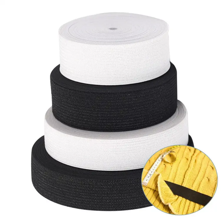 Black And White Woven Crochet Knitted Elastic Band Plain Knit Flat Width High Elastic Tape For Garment Accessories